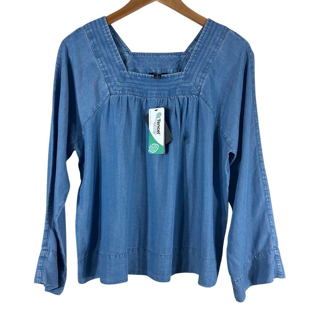 Kensie Womens Tencel Chambray Square Neck Blouse Blue Long Sleeve KOMTQ5F7 S NEW